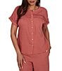 Ruby Rd. Linen Blend Banded Round Neck Short Cuff Sleeve Button Front Shirt - Image 1