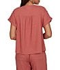 Ruby Rd. Linen Blend Banded Round Neck Short Cuff Sleeve Button Front Shirt - Image 2