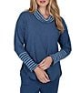 Ruby Rd. Luxe Ribbed Knit Combo Fair Isle Trim Cowl Neck Long Sleeve Sweater - Image 1