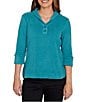 Ruby Rd. Luxe Ribbed Knit Y-Neck 3/4 Sleeve Coordinating Top, Color:Teal - Image 1