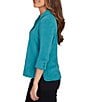 Ruby Rd. Luxe Ribbed Knit Y-Neck 3/4 Sleeve Coordinating Top, Color:Teal - Image 3