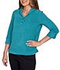 Ruby Rd. Luxe Ribbed Knit Y-Neck 3/4 Sleeve Coordinating Top, Color:Teal - Image 4
