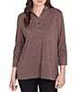 Ruby Rd. Luxe Ribbed Knit Y-Neck 3/4 Sleeve Coordinating Top, Color:Espresso - Image 1