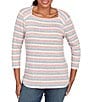 Ruby Rd. Marled Stripe Ribbed Knit Square Neck 3/4 Sleeve Top, Color:Bright Coral Multi - Image 1