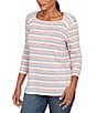 Ruby Rd. Marled Stripe Ribbed Knit Square Neck 3/4 Sleeve Top, Color:Bright Coral Multi - Image 4