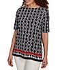 Ruby Rd. Medallion Border Print Boat Neck Elbow Sleeve Top, Color:Black Multi - Image 4