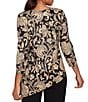Ruby Rd. Metallic Bold Floral Print 3/4 Sleeve Asymmetrical Top, Color:Black Multi - Image 2
