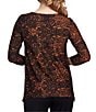 Color:Chestnut Multi - Image 2 - Animal Print Burnout Knit Jacquard Keyhole Neck 3/4 Sleeve Shirt