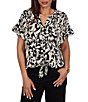 Ruby Rd. Mixed-Media Monochrome Floral V-Neck Short Ruffle Sleeve Button Tie Front Shirt - Image 1