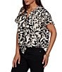 Ruby Rd. Mixed-Media Monochrome Floral V-Neck Short Ruffle Sleeve Button Tie Front Shirt - Image 3