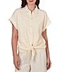 Ruby Rd. Mixed Media Point Collar Short Rolled Cuff Sleeve Button Tie-Front Top - Image 1