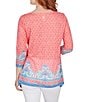 Color:Guava Multi - Image 2 - Moroccan Print Knit Bead Embellished Scoop Neck 3/4 Sleeve Sharkbite Hem Top