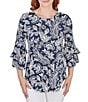 Color:Navy Multi - Image 1 - Paisley Floral Print Knit Scoop Neck Double Flounce Sleeve Top