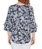 Color:Navy Multi - Image 2 - Paisley Floral Print Knit Scoop Neck Double Flounce Sleeve Top