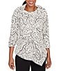 Ruby Rd. Paisley Jacquard Split Cowl Neck 3/4 Sleeve Asymmetric Hem Top, Color:Ivory/Black - Image 1