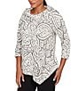 Ruby Rd. Paisley Jacquard Split Cowl Neck 3/4 Sleeve Asymmetric Hem Top, Color:Ivory/Black - Image 4