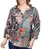 Color:Teal Multi - Image 1 - Paisley Patchwork Print Y-Neck 3/4 Sleeve Top