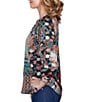 Color:Teal Multi - Image 4 - Paisley Patchwork Print Y-Neck 3/4 Sleeve Top