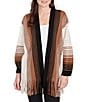 Ruby Rd. Petite Size Soft Textured Striped 3/4 Sleeve Fringe Hem Open-Front Cardigan, Color:Tan Multi - Image 1