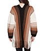 Ruby Rd. Petite Size Soft Textured Striped 3/4 Sleeve Fringe Hem Open-Front Cardigan, Color:Tan Multi - Image 2