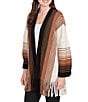 Ruby Rd. Petite Size Soft Textured Striped 3/4 Sleeve Fringe Hem Open-Front Cardigan, Color:Tan Multi - Image 4