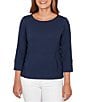Ruby Rd. Petite Size Abstract Textured Pucker Knit Scoop Neck 3/4 Sleeve Top, Color:Navy - Image 1