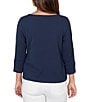 Ruby Rd. Petite Size Abstract Textured Pucker Knit Scoop Neck 3/4 Sleeve Top, Color:Navy - Image 2