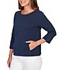 Ruby Rd. Petite Size Abstract Textured Pucker Knit Scoop Neck 3/4 Sleeve Top, Color:Navy - Image 4