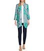 Color:Blue Moon Multi - Image 3 - Petite Size Bali Patchwork Print Shawl Collar Long Sleeve Open-Front Cardigan