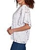Ruby Rd. Petite Size Burnout Island Print Boat Neck Short Ruffle Sleeve Lined Top, Color:White - Image 3