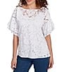Ruby Rd. Petite Size Burnout Island Print Boat Neck Short Ruffle Sleeve Lined Top, Color:White - Image 4