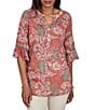 Ruby Rd. Petite Size Burnout Jersey Tropical Floral Henley Collar Elbow Length Flutter Sleeve Top - Image 1