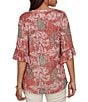 Ruby Rd. Petite Size Burnout Jersey Tropical Floral Henley Collar Elbow Length Flutter Sleeve Top - Image 2
