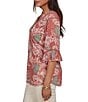 Ruby Rd. Petite Size Burnout Jersey Tropical Floral Henley Collar Elbow Length Flutter Sleeve Top - Image 3