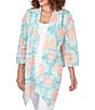 Color:Clear Blue Multi - Image 4 - Petite Size Car Diamond Sheer Printed 3/4 Sleeve Patch Pocket Open-Front Cardigan