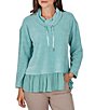 Ruby Rd. Petite Size Chenille Knit Mixed Media Cowl Neck Long Sleeve Ruffle Hem Combo Top - Image 1