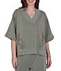 Ruby Rd. Petite Size Coordinating Snow-Washed French Terry Floral Embroidered V-Neck Short Sleeve Top - Image 1