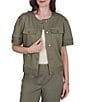 Ruby Rd. Petite Size Coordinating Tencel Denim Crew Neck Short Sleeve Pleated Trim Utility Jacket - Image 1