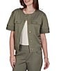 Ruby Rd. Petite Size Coordinating Tencel Denim Crew Neck Short Sleeve Pleated Trim Utility Jacket - Image 4