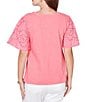 Ruby Rd. Petite Size Cotton Jersey Knit Split V-Neck Short Eyelet Sleeve Top - Image 2