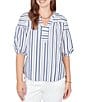 Ruby Rd. Petite Size Cotton Poplin Spliced Stripe Split V-Neck Elbow Sleeve Top - Image 1
