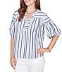 Ruby Rd. Petite Size Cotton Poplin Spliced Stripe Split V-Neck Elbow Sleeve Top - Image 3