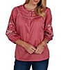 Ruby Rd. Petite Size Cotton Voile Embroidered Round Neck 3/4 Sleeve Top - Image 1