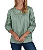 Ruby Rd. Petite Size Cotton Voile Embroidered Round Neck 3/4 Sleeve Top - Image 4