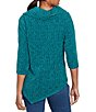 Ruby Rd. Petite Size Cowl Neck 3/4 Sleeve Chenille Knit Top, Color:Teal Multi - Image 2