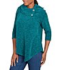 Ruby Rd. Petite Size Cowl Neck 3/4 Sleeve Chenille Knit Top, Color:Teal Multi - Image 4