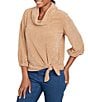 Ruby Rd. Petite Size Cowl Neck 3/4 Sleeve Side Tie Honeycomb Knit Top, Color:Tan Multi - Image 4