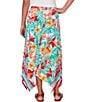 Color:Punch Multi - Image 2 - Petite Size Crepe Knit Tropical Geo Print Elastic Waist Sharkbite Hem Pull-On A-Line Midi Skirt
