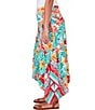 Color:Punch Multi - Image 3 - Petite Size Crepe Knit Tropical Geo Print Elastic Waist Sharkbite Hem Pull-On A-Line Midi Skirt