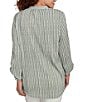 Ruby Rd. Petite Size Crinkle Knit Stripe V-Neck Long Roll-Tab Sleeve Henley Top, Color:Bay Leaf/Multi - Image 2